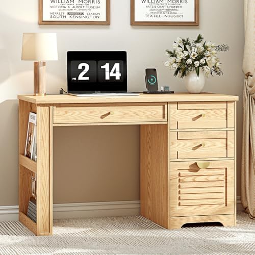 Ieejdn 47" Home Office Desks, Executive Desk, Farmhouse Computer Desk with Drawers and Charging Station, File Drawer, Storage Cabinet, Rustic Computer Writing Desk,Antique Natural