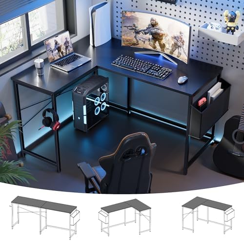 Pamray 47 Inch Reversible L Shaped Gaming Desk Corner Computer Desk with Storage Bag Home Office Table for Writing Study Black