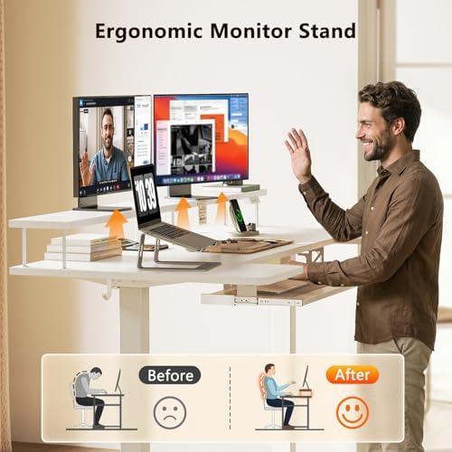 OffiGo 63 Inch U Shaped Electric Standing Desk with Keyboard Tray, White
