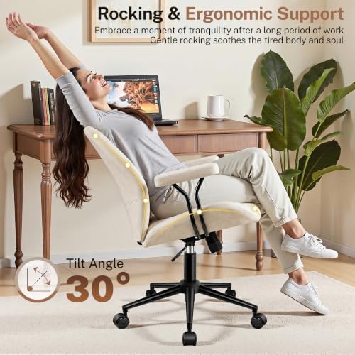 Leather Office Chair with Removable Armrests, Mid Back Ergonomic Desk Chair with Lumbar Support, Adjustable Height Rocking Swivel Executive Chair for Home Office, White
