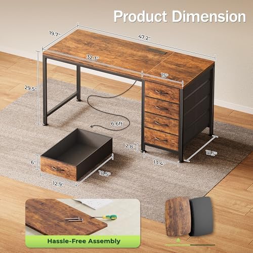 PRAISUN 47.2 Inch Computer Office Desk with Power Outelts and USB-C Port, Reversible Gaming Desk with 4 Fabric Drawers, Work Study Desk Work from Home, Rustic Brown