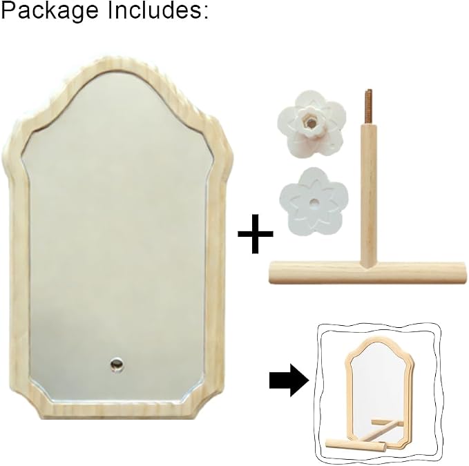 Bird Mirror with Wooden Perch, 15cm Parakeet Toys for Cage | Wooden Standing Bird Mirror Toy Chewing Perch with Reflective Mirror for Cockatiel, Lovebird, Parakeet, Bird Cage Accessories