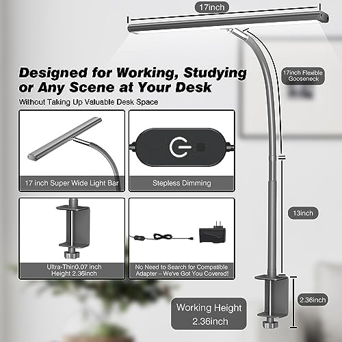 Airlonv LED Desk Lamp with Clamp, 17" Stepless Dimming Light, Grey