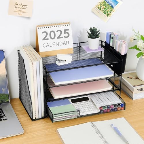 OPNICE Desk Organizer, 4-Tier Desktop File Organizer with Drawer and Pen Holders, Office Desk Accessories, File Sorters, Workspace Organizers for Office Supplies(Black 2-Pack)