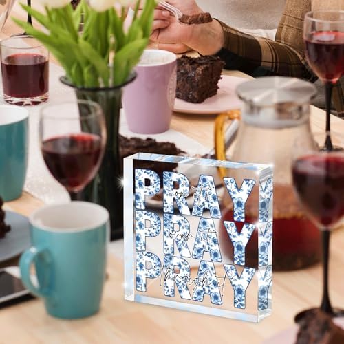 Blue and White Inspirational Decor, Blue Floral Chinoiserie Desk Decorations for Office, Ideal Christian Gifts for Women - Pray On It,Pray Over It - Bible Verse Desk Art, Dorm Room Decor for Women