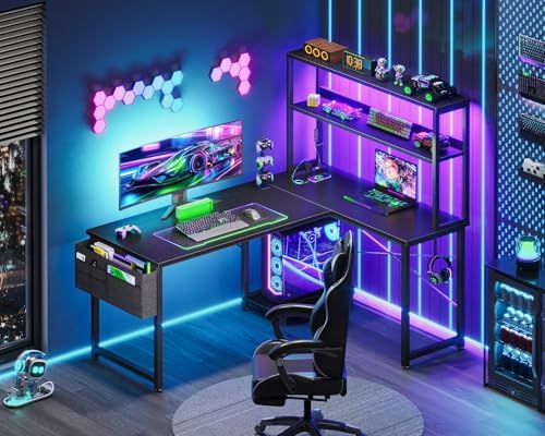 AODK L Shaped Desk Gaming Desk with LED Light & Power Outlet