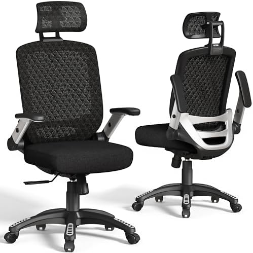 GABRYLLY Ergonomic Office Chair, High Back Home Desk Chair with Flip-Up Arms, 3D Headrest, Thick Sponge Seat &90-120° Recline, Big and Tall Mesh Executive Chairs for Man Woman, Midnight-Cloud