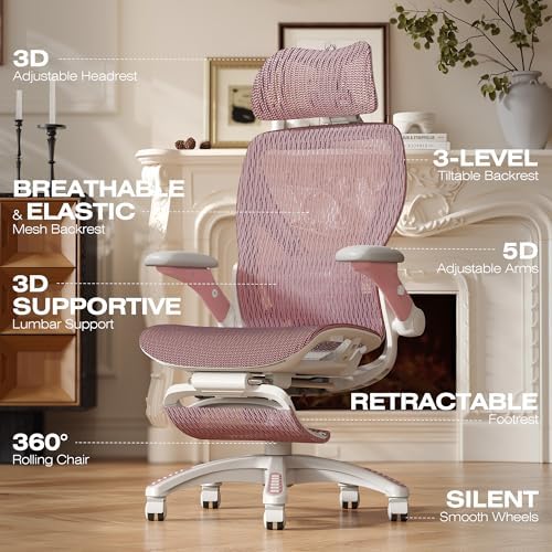 ELABEST X100 Ergonomic Mesh Office Chair with Footrest, Big and Tall Home Desk Chair with 5D Flip-Up Arms, Adjustable 3D Lumbar Support, Gaming & Executive Computer Chair (Peach Blossom)