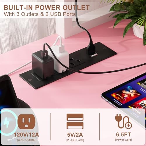 Aheaplus L Shaped Gaming Desk with Power Outlets & LED Lights, Pink