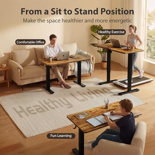 Cubiker Standing Desk, 55x28 Inches Sit Stand Home Office Desk, Electric Stand up Desk, Adjustable Desk with Splice Board, Black Frame/Rustic Brown Top