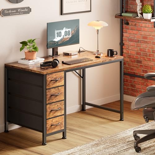 PRAISUN 39.4 Inch Computer Office Desk with Power Outelts and USB-C Port, Reversible Gaming Desk with 4 Fabric Drawers, Work Study Desk Work from Home, Rustic Brown