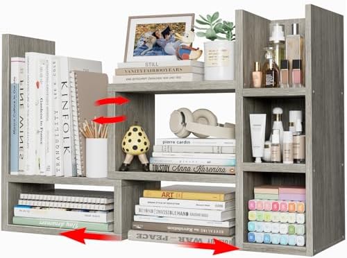 NUTIKAS Desk Shelves Desktop Organizer Shlef - Grey Office Organization for Top of Desk Organizers and Accessories Corner Bookshelf Table Top Shelving Small Hutch Decorations for Office