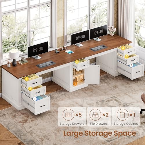 SEDETA Farmhouse 110.3" Two Person Desk with 7 Drawers, Long Computer Desk with Storage Cabinet, 2 Person Desk with Power Outlets for Home Office, White+Brown