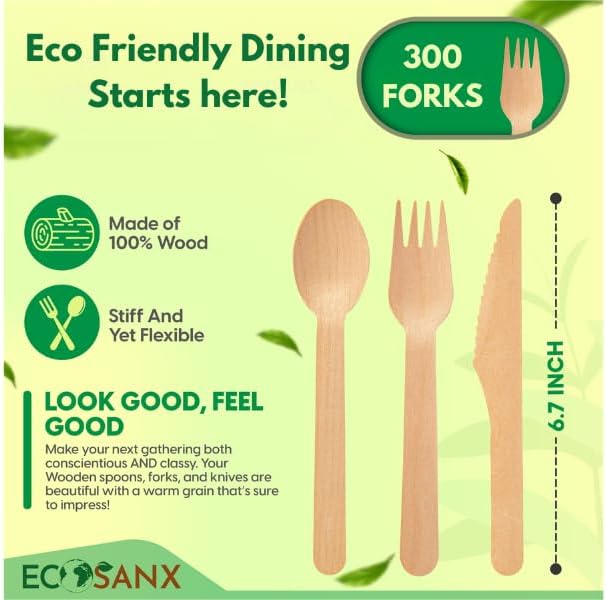 ECOSANX® 300 PCs Wooden forks for eating 6.5" Splinter Free Compostable Forks, Eco-Friendly Wooden Cutlery for Party & Outdoor, Disposable forks for Camping, Events & More