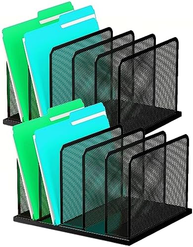 Kuntine.B Desk File Organizer Upright Mesh Desktop Organizer File Sorter Office Organization File Holder for Home, Office & Classroom (Black, 2 Pack 5-Section)