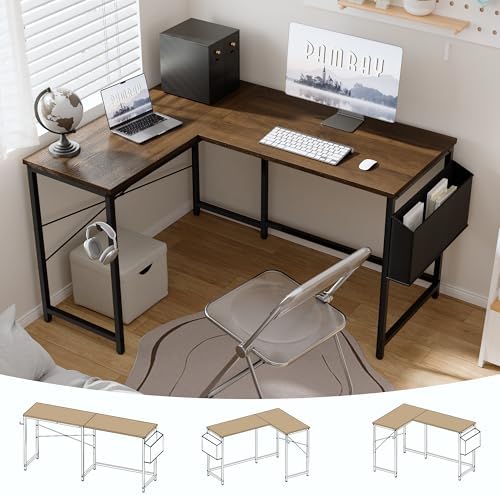 Pamray 47 Inch Reversible L Shaped Gaming Desk Corner Computer Desk with Storage Bag Home Office Table for Writing Study Brown
