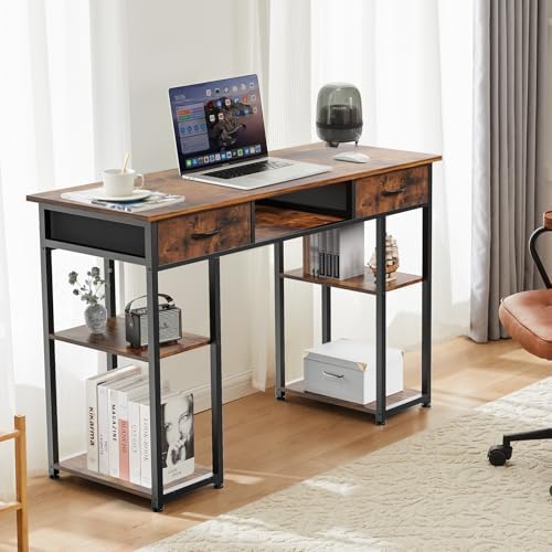DUMOS 48-Inch Computer Desk with Drawers and Hook, Brown