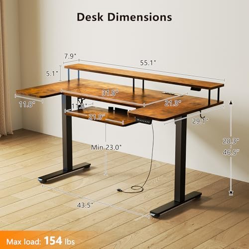 OffiGo 55 Inch U Shaped Standing Desk with Keyboard Tray, Rustic Brown