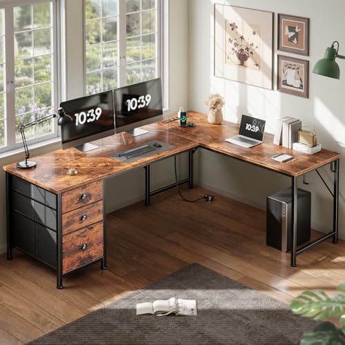 Furologee 63" L Shaped Desk, Office Corner Desk with Power Outlets, Brown