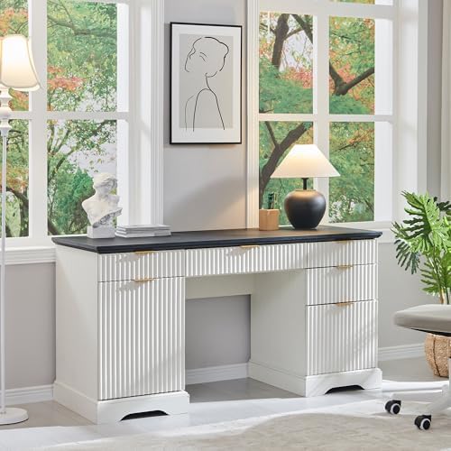 58" Modern Executive Desk with 5 Drawers & 1 Cabinet, Built‑in Outlet