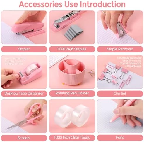 SKYDUE Pink Office Supplies Set, Pencil Holder for Desk,Gel Pen, Stapler, Tape Dispenser, Scissors,Clips and 1000pcs Staples, Office Decor for Women, Pink Desk Accessories