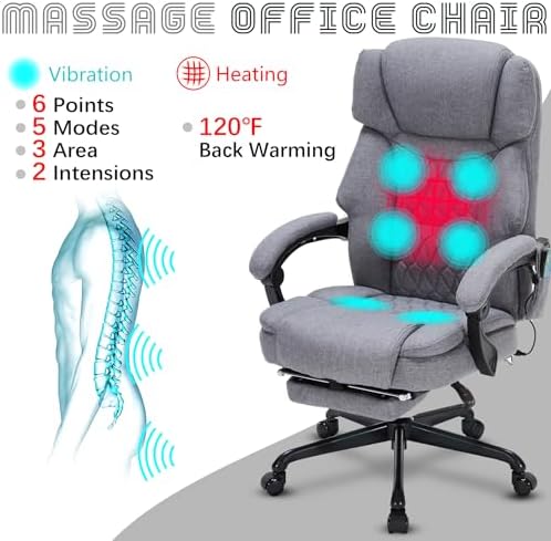 Massage Office Chair with Foot Rest 6 Points Vibration and Heat Home Office Desk Chairs for Heavy People 400lbs Reclining Managerial Chairs Ergonomic Executive Chair (Grey)