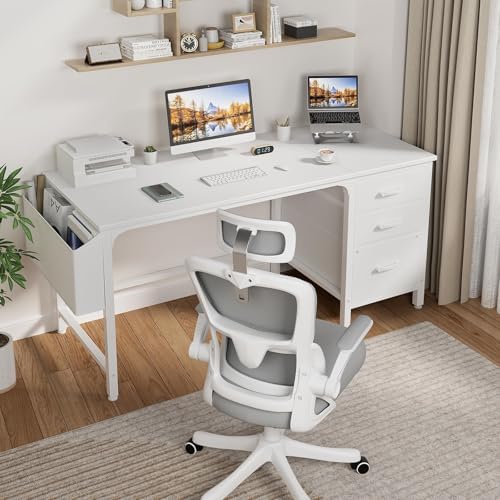Lufeiya White Computer Desk with Fabric File Drawers Cabinet, 55 Inch Reversible Desks with Storage Filing Cabinet for Home Office, Modern Writing Table PC Desks for Bedroom, White