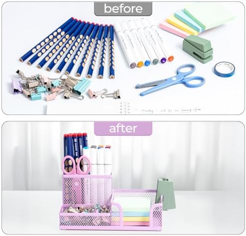 M&G Mesh Pen Holder Desk Organizers Pencil Holder for Desk Purple, 3 Compartments Metal Office Supply Organizer with Sticky Notes Holder for Home Office