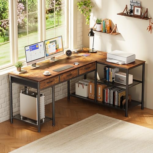 PRAISUN 55 Inch L Shaped Office Desk with Power Outlets and Type-C Port, Large Computer Gaming Desk with 3 Fabric Drawers, Mesh Shelves, Corner Study Work Writing Desk, Rustic Brown