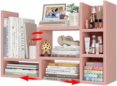 NUTIKAS Desk Shelves Desktop Organizer Shlef - Pink Office Organization for Top of Desk Organizers and Accessories Corner Bookshelf Table Top Shelving Small Hutch Decorations for Office