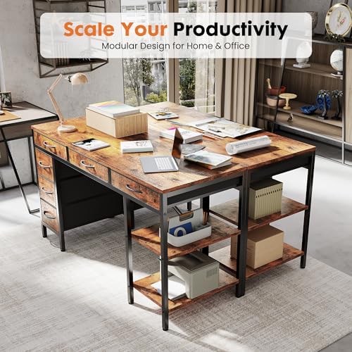 OLIXIS 55 Inch Computer Desk with 6 Fabric Drawers, for Home Office Work