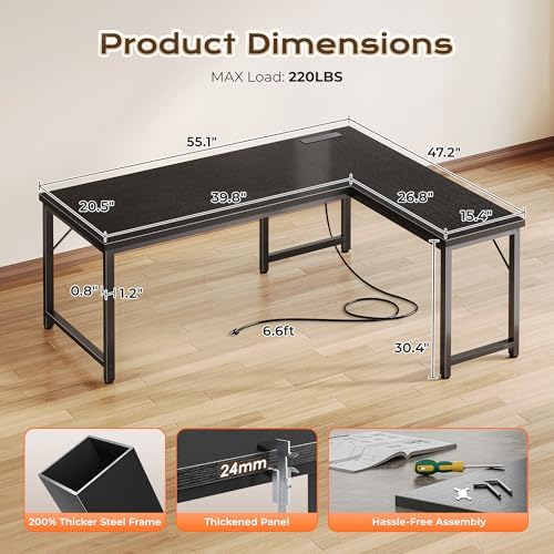 Huuger 55 Inch L Shaped Desk with Power Outlets & 0.95 Inch Thicker Desktop
