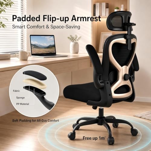 Ergonomic Office Chair, Mesh Desk Chair with Headrest, Lumbar Support, Thick Seat Cushion, Flip-up Arms, High Back Computer Task Chairs for Home Office, Black/Gold
