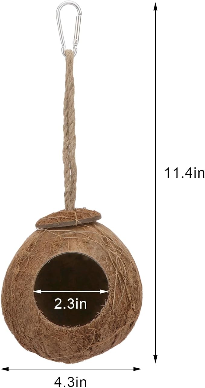Hypeety Pet Bird Breeding Nest Natural Coconut Bird Hideout Hut for Cage | Natural coconut shell, for sleeping/breeding, easy to hang, swing toy, for parakeet/cockatiel/finch/hamster, with sturdy hook