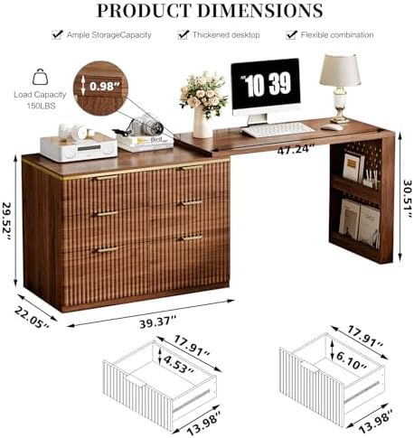 Ieejdn Computer Desk with 6 Drawers, 78" Modern Writing Desk with 0.98" Thickened Desktop & Storage Shelves, Adjustable direction & Extendable Executive Office Desk Study Table for Home Office, Walnut