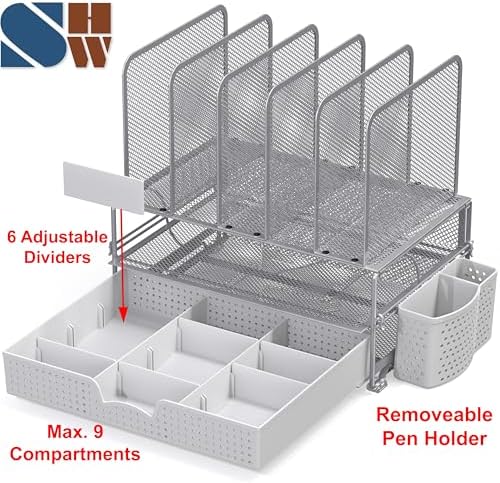 Simple Houseware Desk File Organizer for Office Supplies w/Drawer, Silver