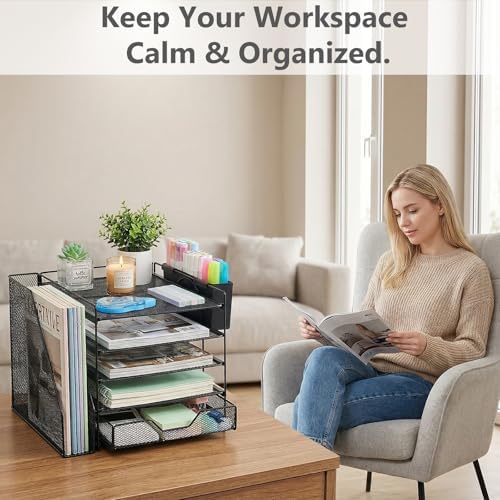 5-Tier Desk File Organizer with Drawer & Pen Holder (Black)