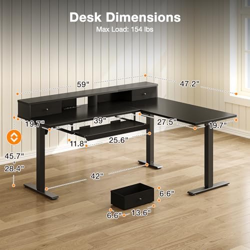 Casaottima 59" L Shaped Electric Standing Desk with Drawers, Black