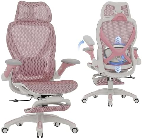 ELABEST X100 Ergonomic Mesh Office Chair with Footrest, Big and Tall Home Desk Chair with 5D Flip-Up Arms, Adjustable 3D Lumbar Support, Gaming & Executive Computer Chair (Peach Blossom)
