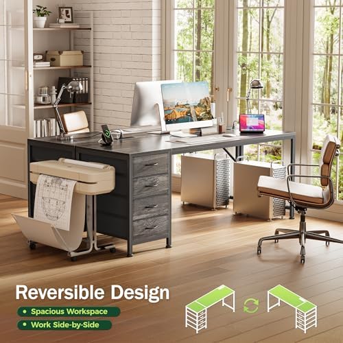 PRAISUN 63 Inch Computer Office Desk with Power Outelts and USB-C Port, Reversible Gaming Desk with 4 Fabric Drawers, Work Study Desk Work from Home, Grey
