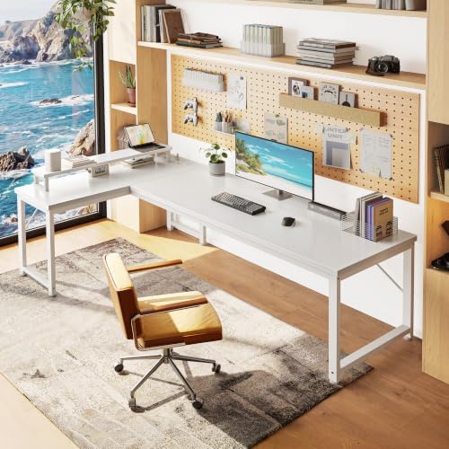 PRAISUN 61" L Shaped Computer Desk, Power Outlets, Monitor Stand, White