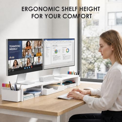 OPNICE Desk Organizers and Accessories, Dual Monitor Stand Riser with Drawer and 2 Pen Holders, Desk Shelf Computer Racks for Office Workspace Organizers, Desktop Organization (White)