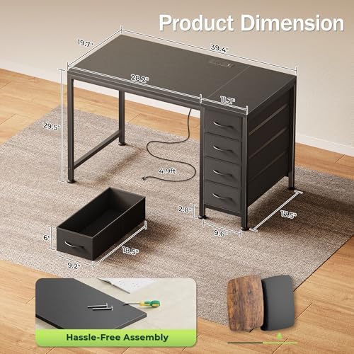 PRAISUN 39.4 Inch Computer Office Desk with Power Outelts and USB-C Port, Reversible Gaming Desk with 4 Fabric Drawers, Work Study Desk Work from Home, Black