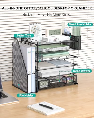 WALI Desk File Organizer, 6 Tier Desktop Paper Letter Tray Organizer with Drawer and 2 Pen Holders, Office Desk Accessories & Workspace Organizers for Office, Home Supplies(DO007DH-B), 1 Pack, Black