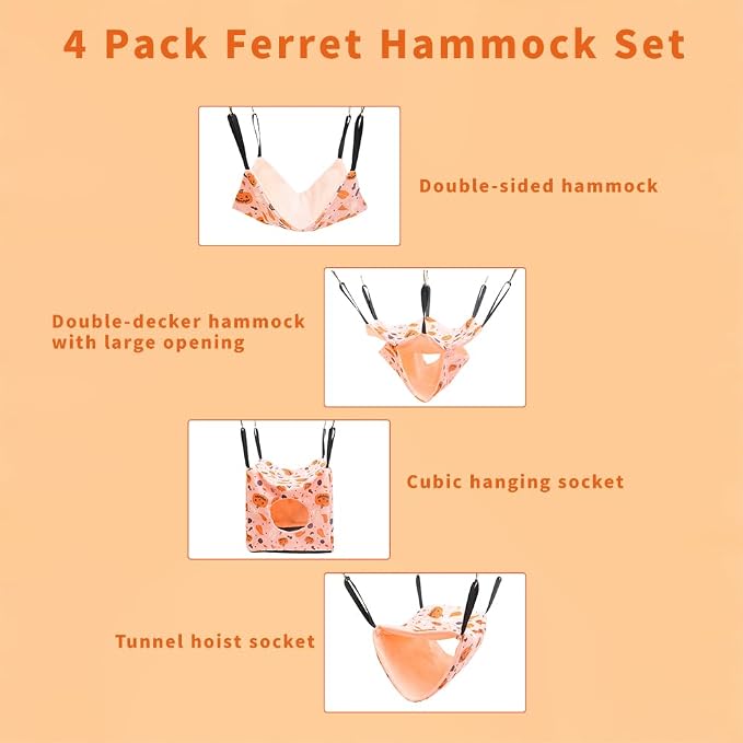 4 Pack Ferret Hammock Set, Hanging Soft Small Animal Hammocks with Hideout,Tunnel and Double Layer,Cage Accessories for Ferret,Rats,Sugar Glider,Squirrel(Orange-Yellow)