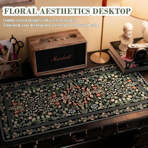 iCasso Floral Desk Mat,Mouse Pad for Office Decor,35.4x15.7in,Black