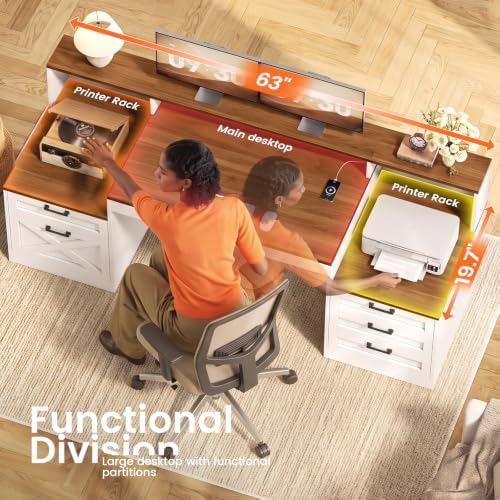 SEDETA 63" Farmhouse Office Desk with 5 Drawers, White and Brown
