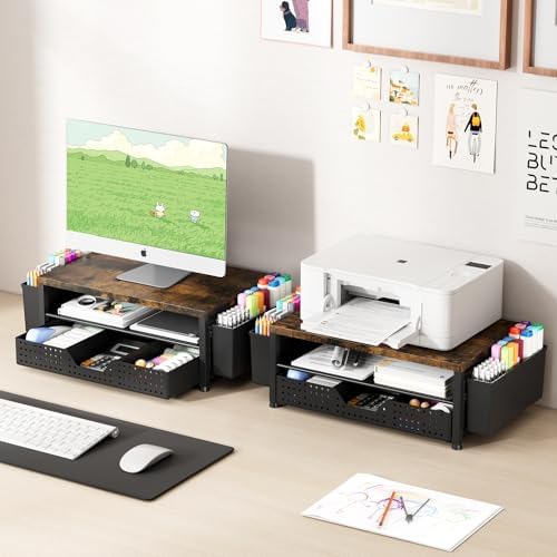 OPNICE Desk Organizers and Accessories, Computer Monitor Stand Riser with Drawer and 2 Pen Holders, Printer & Laptop Stand, Office Desk Accessories & Workspace Organizers for Home Office Supplies, Brown