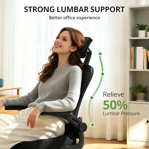 Office Chair Ergonomic Desk Chair, 330LBS Capacity, High Back Computer Chair for Long Hours Comfortable, Rolling Swivel Executive Task Chair for Home Office with Flip-up Armrests, Black Black-Chrome