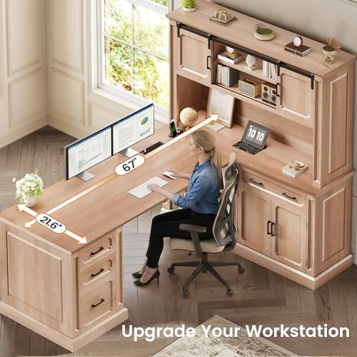 SEDETA 67" Farmhouse Executive L Shaped Desk with Hutch & Storage